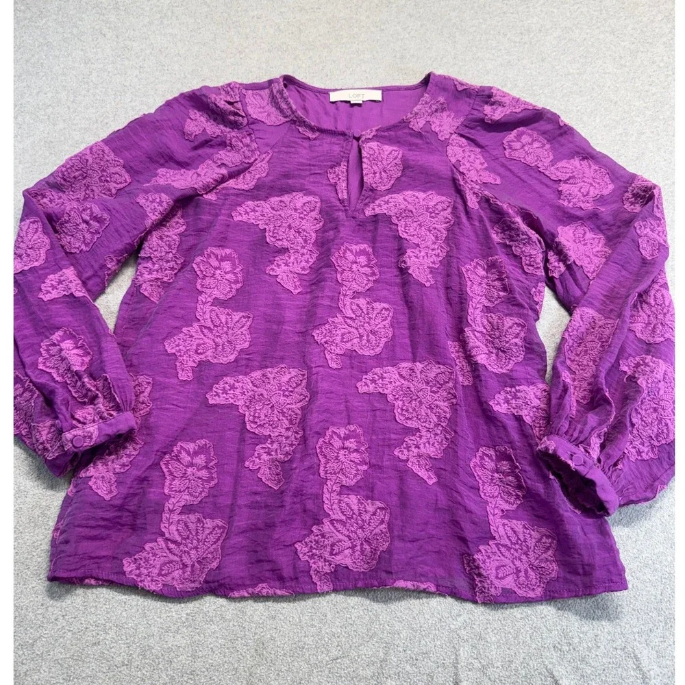 Loft Blouse Womens Small Purple Floral Embroidered Peasant Boho Long Sleeve Top